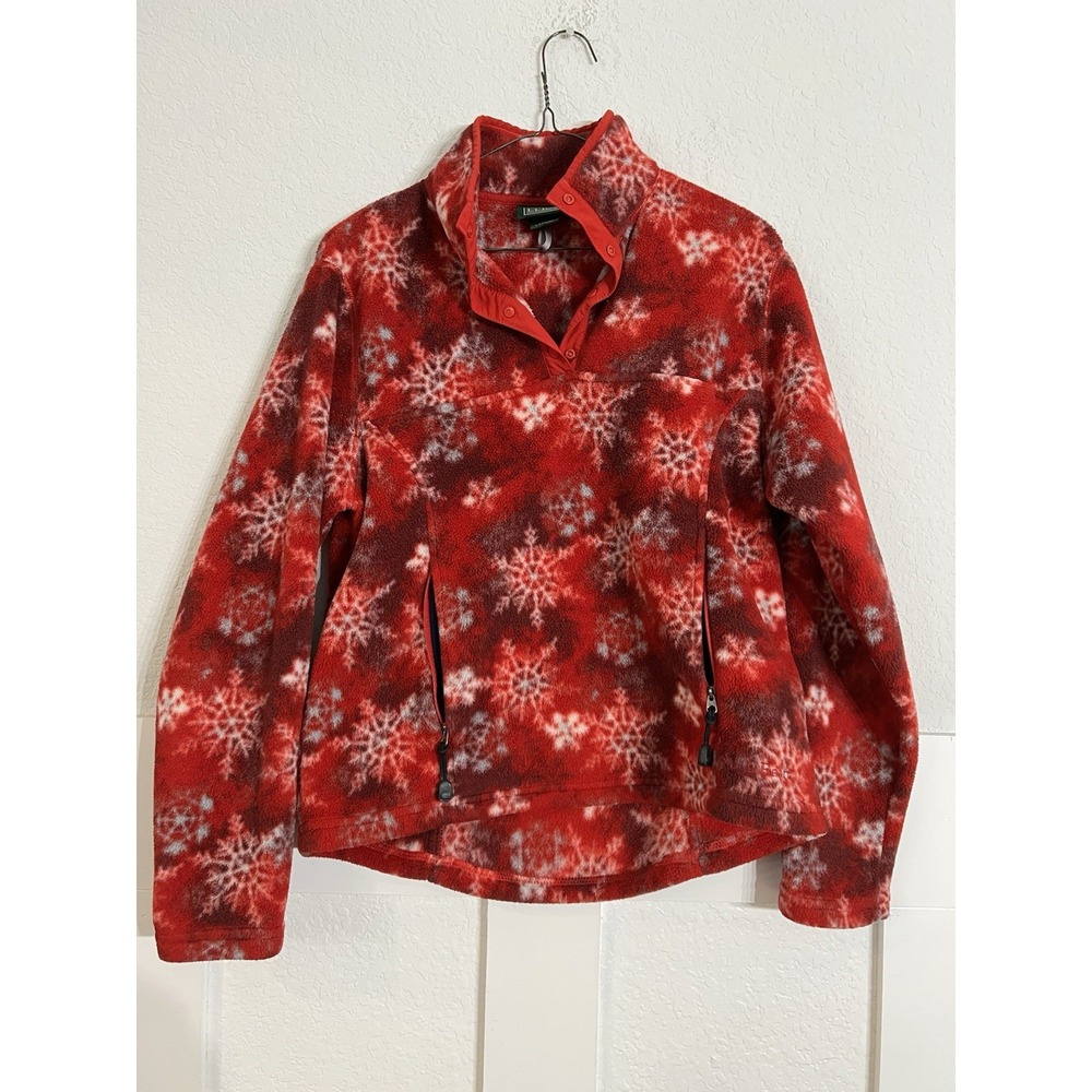 L.L. Bean Womens Red Snowflake Fleece Pullover Size Small Snap Collar